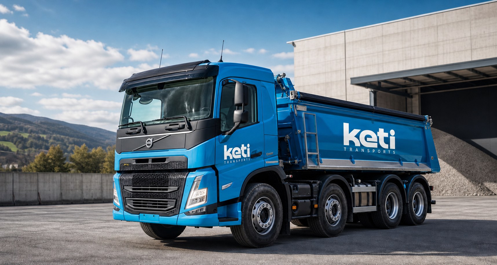 Camion benne bleu Keti Transports vu de trois-quarts avant